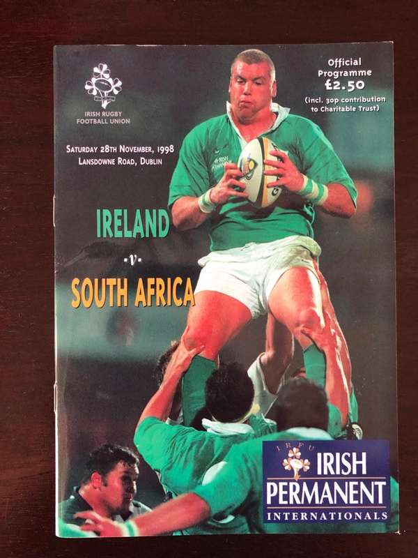 1998 Ireland vs South Africa rugby test match day programme