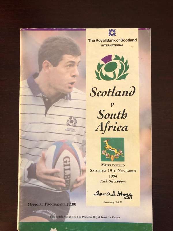 1994 Scotland vs South Africa rugby test match day programme