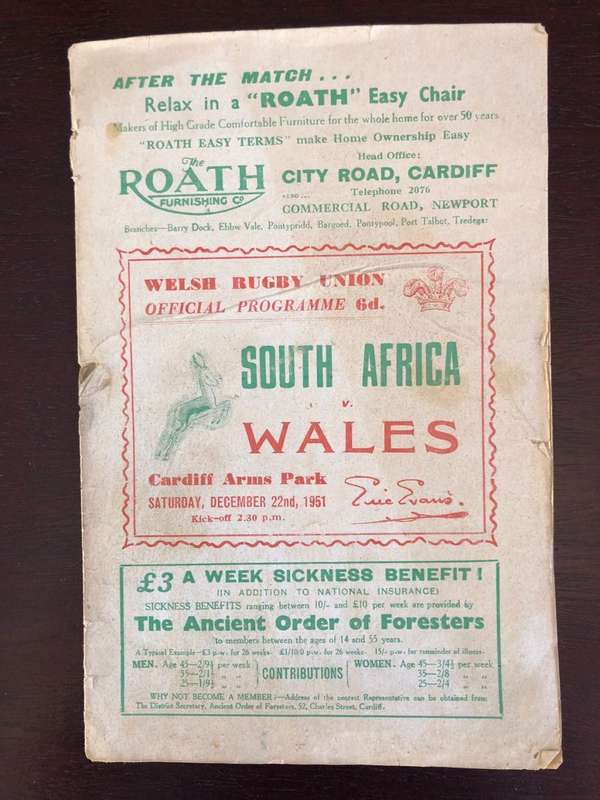 1951 Wales vs South Africa rugby test match day programme