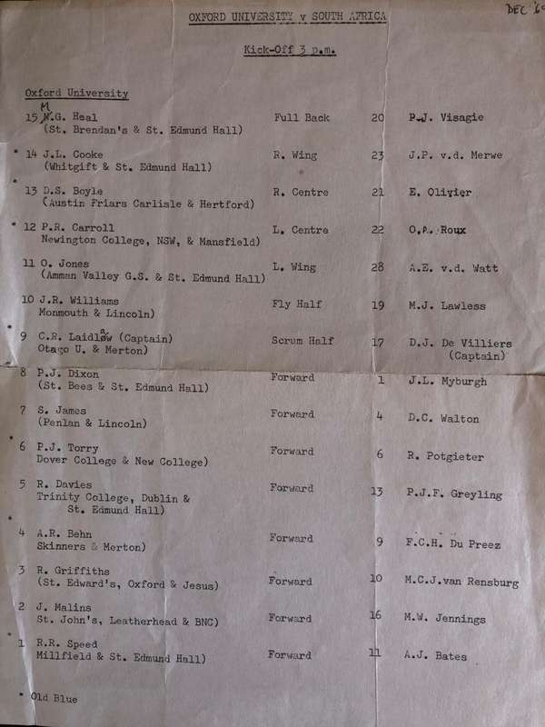 1969 Oxford vs South Africa rugby matchday programme (Very rare)
