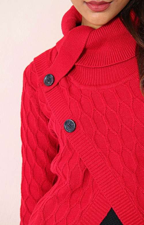 Ladies Button Front High Neck Sweater Red