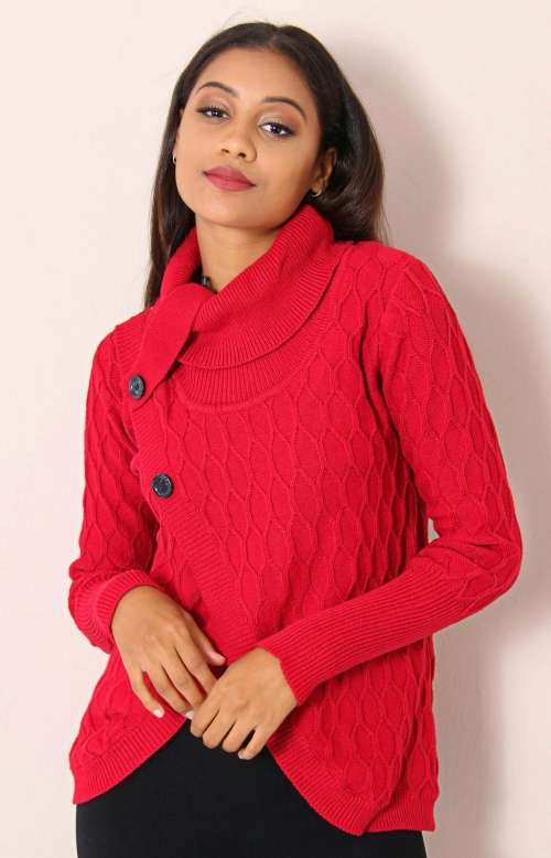 Ladies Button Front High Neck Sweater Red