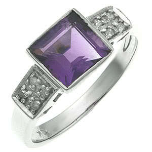 9k Solid White Gold Amethyst & Diamonds