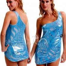 Metallic One Shoulder Mini Dress Blue