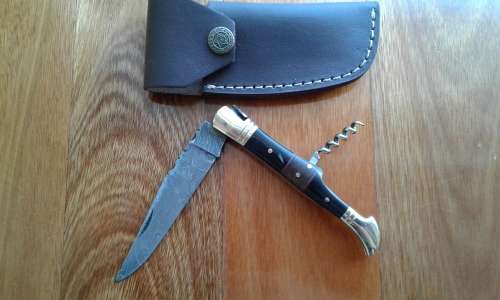 DAMASCUS Hand made Folding knife, a must for any knife collector, AWESOME Gift !! Free gift. Leather