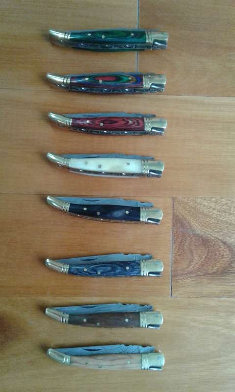 DAMASCUS Hand Made Foldable Laguiole style knives, 2 Available. Leather Sheath included.