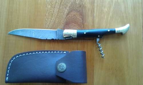 DAMASCUS Hand Made Foldable Laquiole style knife with corkscrew, BULL HORN HANDLE leather included.