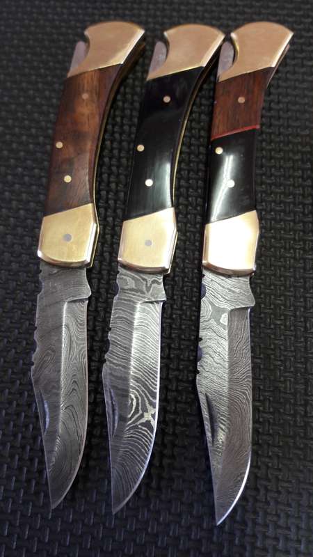 Hand Made DAMASCUS Foldable LOCK Knife,  3 available, bid per knife. Leather pouch included.