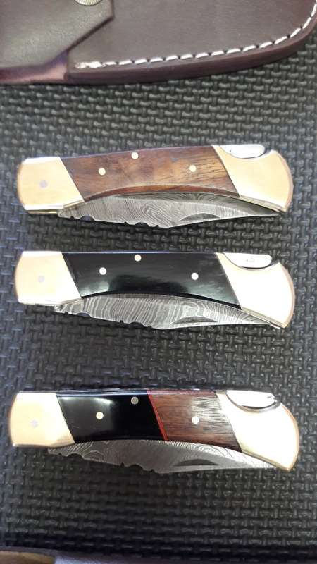 Hand Made DAMASCUS Foldable LOCK Knife,  3 available, bid per knife. Leather pouch included.