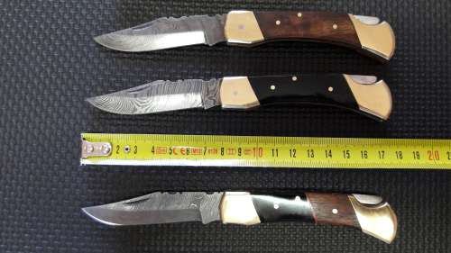 Hand Made DAMASCUS Foldable LOCK Knife,  3 available, bid per knife. Leather pouch included.