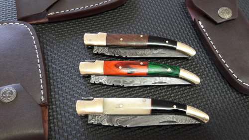 DAMASCUS Hand Made Foldable Laguiole style knives, BID PER KNIFE, 3 Available, Leather incl
