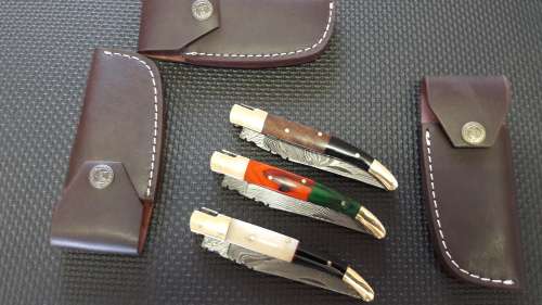 DAMASCUS Hand Made Foldable Laguiole style knives, BID PER KNIFE, 3 Available, Leather incl