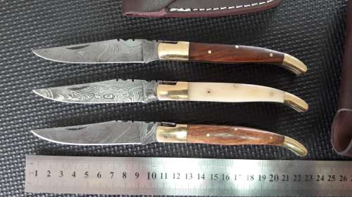 DAMASCUS Hand Made Foldable Laguiole style knives, BID PER KNIFE, 3 Available, Leather incl