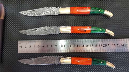 DAMASCUS Hand Made Foldable Laguiole style knives, BID PER KNIFE, 1 Available, Leather incl