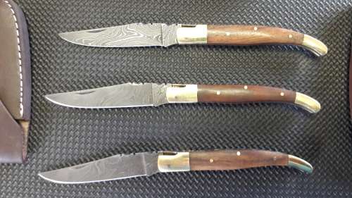 DAMASCUS Hand Made Foldable Laquiole style knives, Leather Sheath available. 3 Avail, bid per knife.