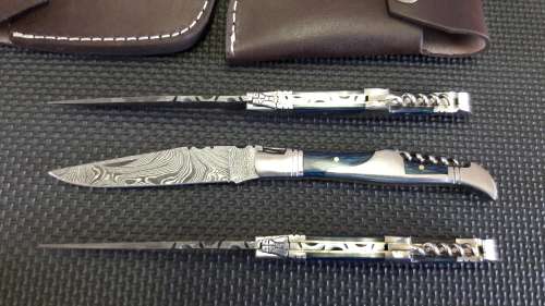 DAMASCUS Hand Made Foldable Laquiole style knives, Leather Sheath available. 3 Avail, bid per knife.