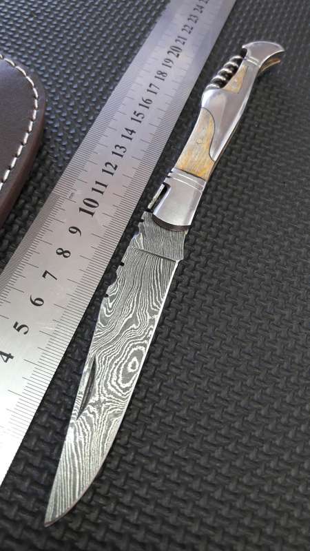 DAMASCUS Hand Made Foldable Laguiole style knife,  Leather Pouch included.