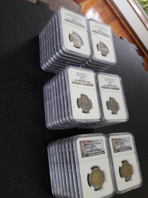 54 x NGC Graded coins, All Mandela, 1994, 2000 and 2008 90th Birthday R5 coins, 18 of EACH, bid per