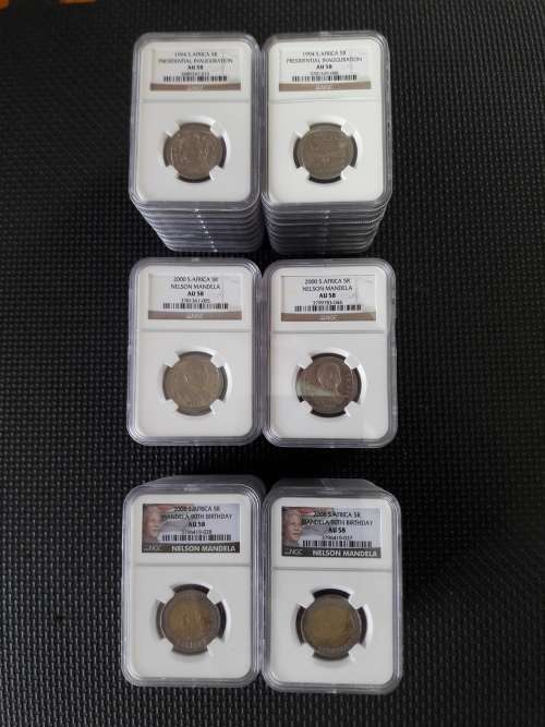 54 x NGC Graded coins, All Mandela, 1994, 2000 and 2008 90th Birthday R5 coins, 18 of EACH, bid per
