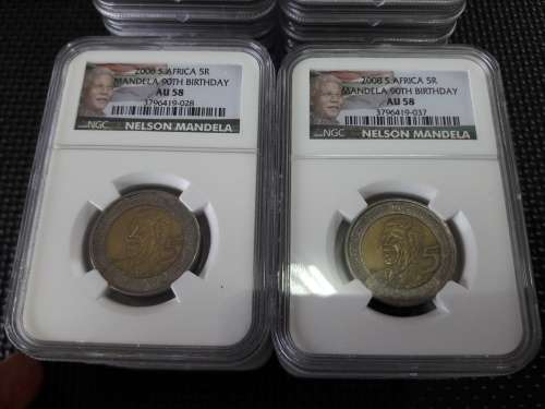 54 x NGC Graded coins, All Mandela, 1994, 2000 and 2008 90th Birthday R5 coins, 18 of EACH, bid per