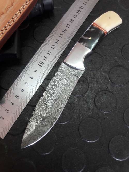 Handmade DAMASCUS steel Knife with Camel bone and bull horn handle. R1 start, No reserve auction.