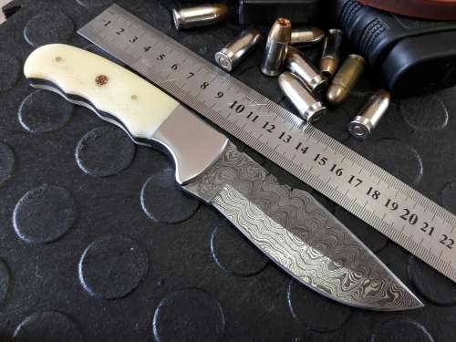 Handmade DAMASCUS Steel Knife, Camel Bone handle scales. Crazy R1 start, No reserve.