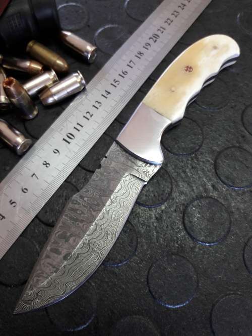 Handmade DAMASCUS Steel Knife, Camel Bone handle scales. Crazy R1 start, No reserve.
