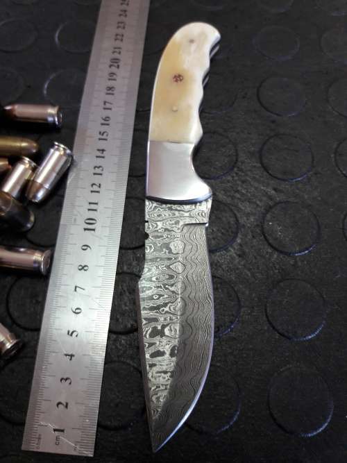 Handmade DAMASCUS Steel Knife, Camel Bone handle scales. Crazy R1 start, No reserve.