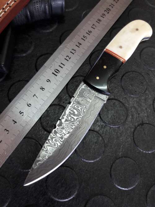 Handmade DAMASCUS steel Knife with Camel bone and bull horn handle. R1 start, No reserve auction.