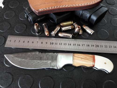 Handmade DAMASCUS Steel Knife, Camel bone and wooden handle scales. Crazy R1 start, No rese