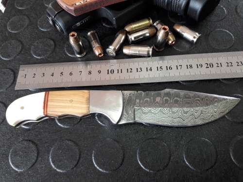 Handmade DAMASCUS Steel Knife, Camel bone and wooden handle scales. Crazy R1 start, No rese