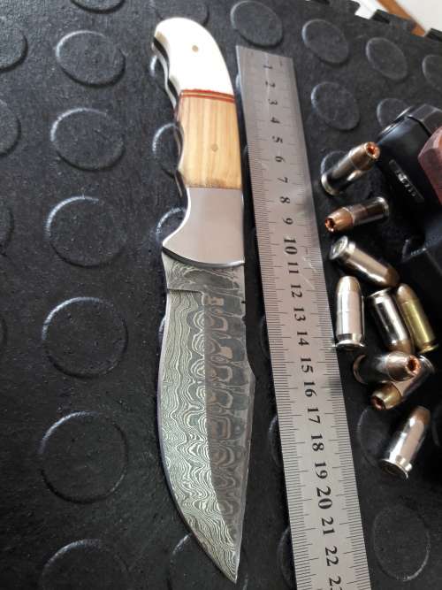 Handmade DAMASCUS Steel Knife, Camel bone and wooden handle scales. Crazy R1 start, No rese