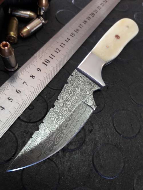 Handmade DAMASCUS Steel Knife, Camel Bone handle scales. Crazy R1 start, No reserve.
