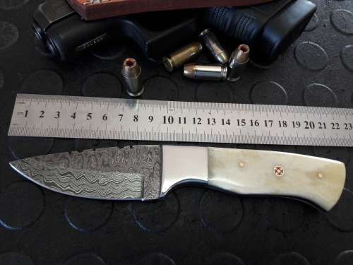 Handmade DAMASCUS Steel Knife, Camel Bone handle scales. Crazy R1 start, No reserve.