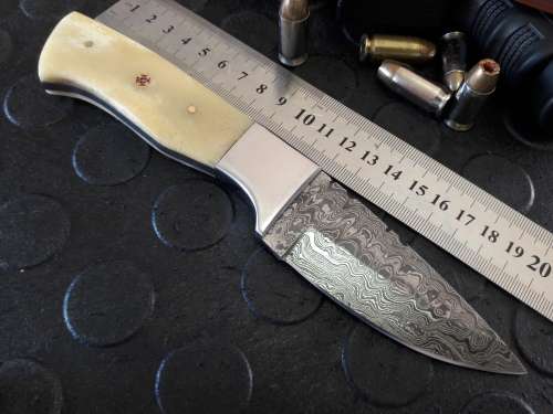 Handmade DAMASCUS Steel Knife, Camel Bone handle scales. Crazy R1 start, No reserve.