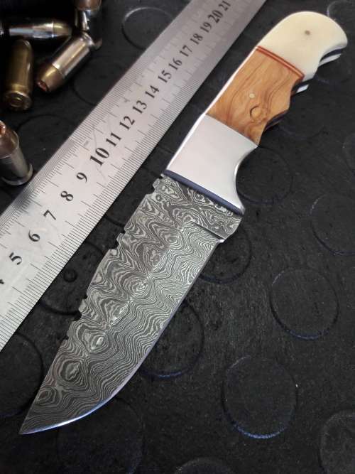 Handmade DAMASCUS Steel Knife, Camel Bone and wooden handle scales. Crazy R1 start, No reserve.