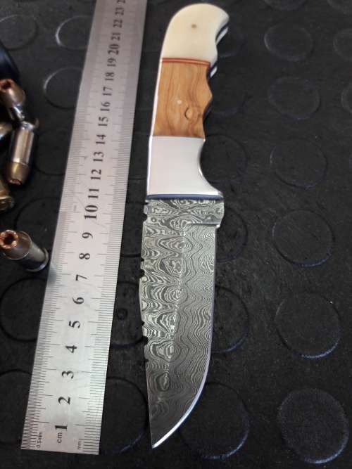 Handmade DAMASCUS Steel Knife, Camel Bone and wooden handle scales. Crazy R1 start, No reserve.