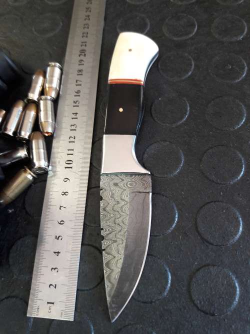 Handmade DAMASCUS steel Knife with Camel bone and bull horn handle. R1 start, No reserve auction.