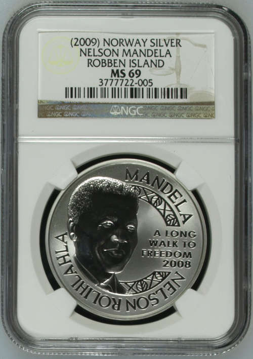 2009 Nelson Mandela Robben Island Norway Silver Medal MS69, NGC Graded