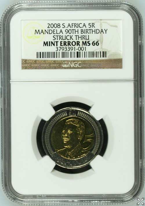 Mandela 90th Birthday Mint Error MS66, STRUCK THRU, NGC Graded
