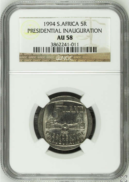 Mandela Presidential Inauguration R5, NGC Graded, AU58 with building in Front.