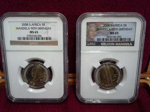 Mandela 90th Birthday Old and NEW label, both MS65 by NGC, display case not included.