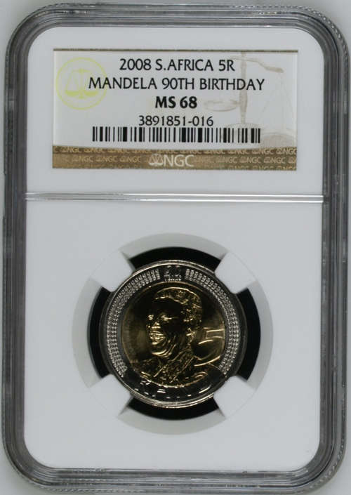 MS68 Mandela 90th Birthday R5 graded by NGC, HIGH VALUE COIN. Complete your set.