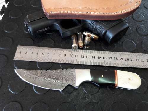 Handmade DAMASCUS Steel Knife, Camel Bone and Bull horn handle scales. Crazy R1 start, No reserve.