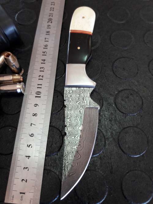 Handmade DAMASCUS Steel Knife, Camel Bone and Bull horn handle scales. Crazy R1 start, No reserve.