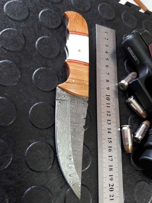 Handmade DAMASCUS Steel Knife, Camel Bone and wooden handle scales. Crazy R1 start, No reserve.