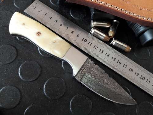 Handmade DAMASCUS Steel Knife, Camel Bone handle. Crazy R1 start, No reserve.