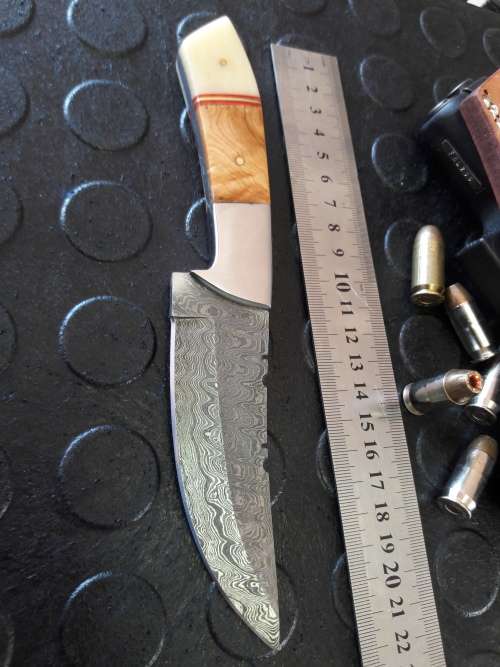Handmade DAMASCUS Steel Knife, Camel Bone and wooden handle scales. Crazy R1 start, No reserve.