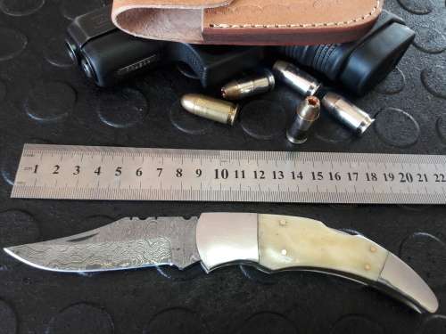 Handmade DAMASCUS  Folding Knife. Please study pictures for detail. Crazy R1 start, No reserve.
