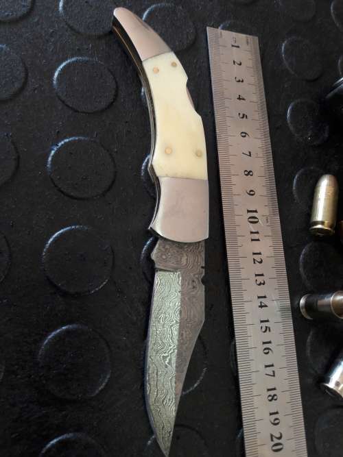 Handmade DAMASCUS  Folding Knife. Please study pictures for detail. Crazy R1 start, No reserve.
